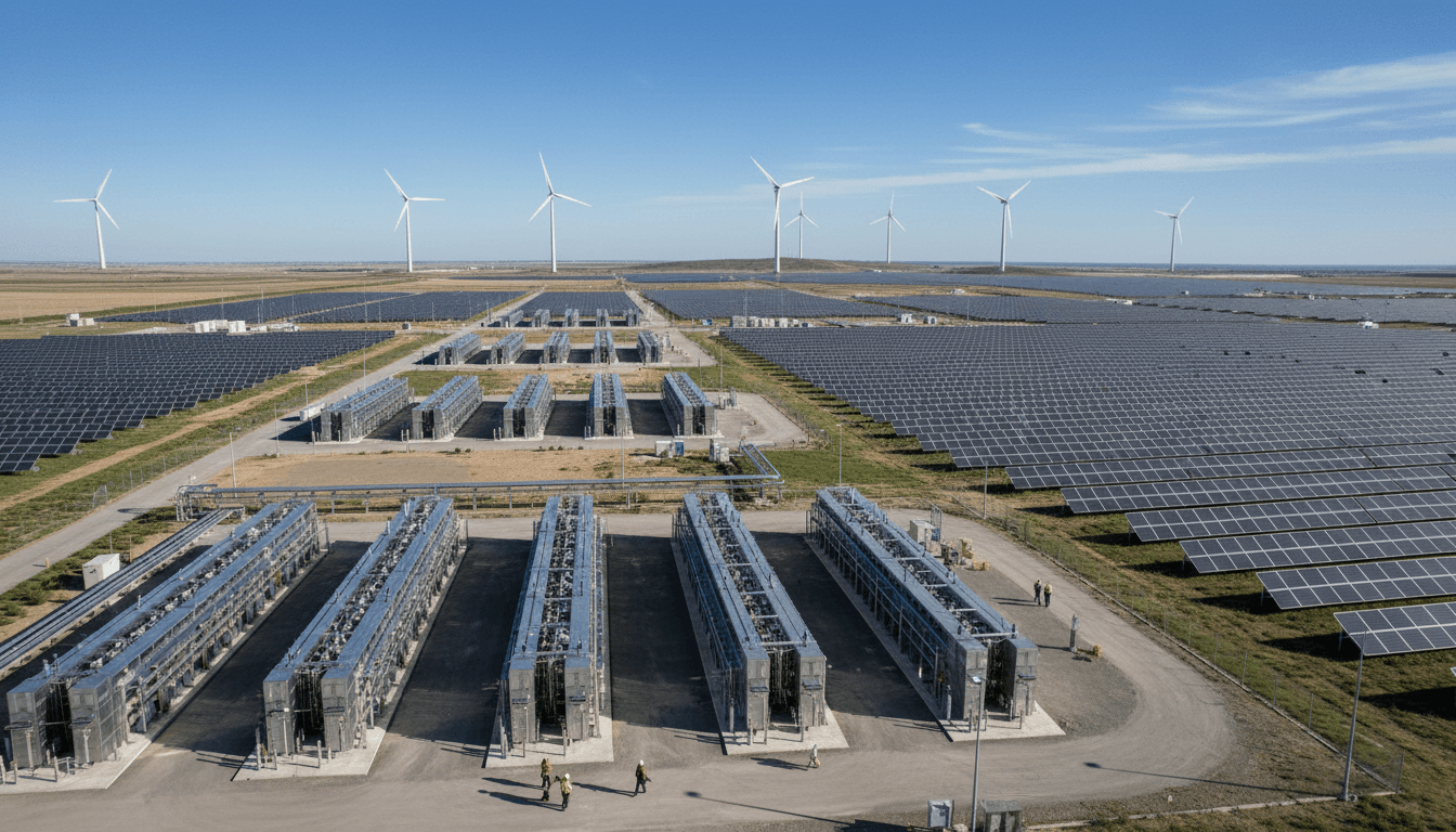 Aerial view of a large-scale green ammonia production facility, with solar panels and wind turbines in the background, symbolizing the green ammonia deal.