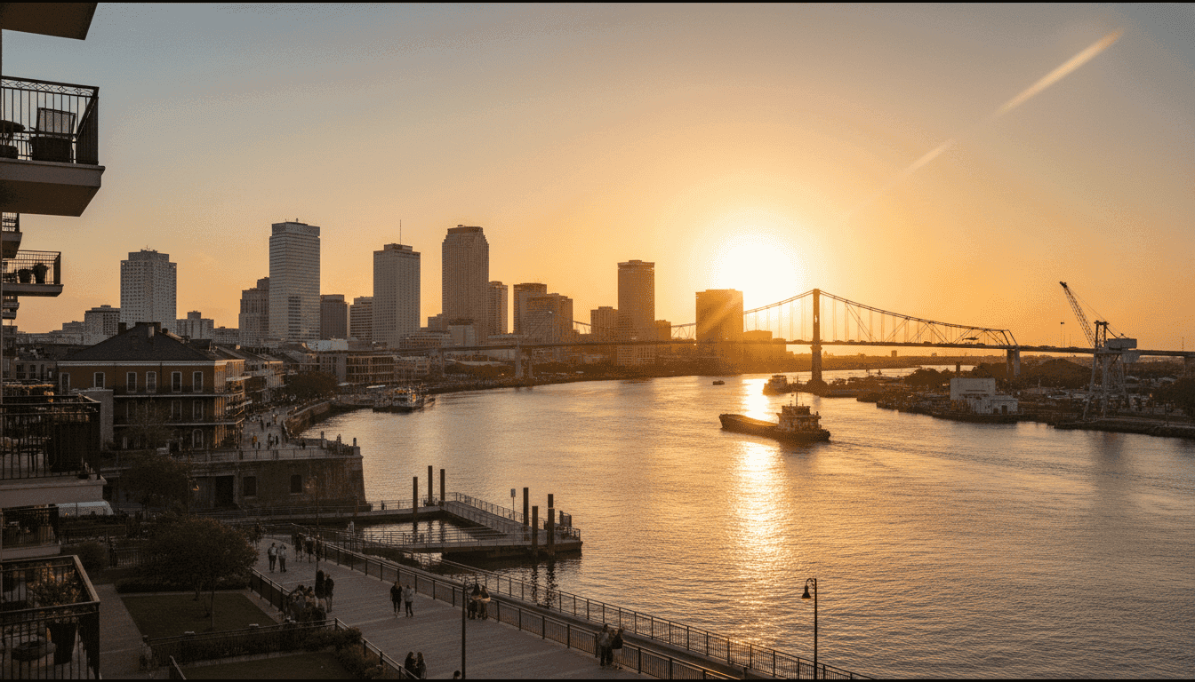 Wide shot of the New Orleans skyline at dusk, with the Mississippi River in the foreground, symbolizing Stunning Billionaire Growth and economic power.