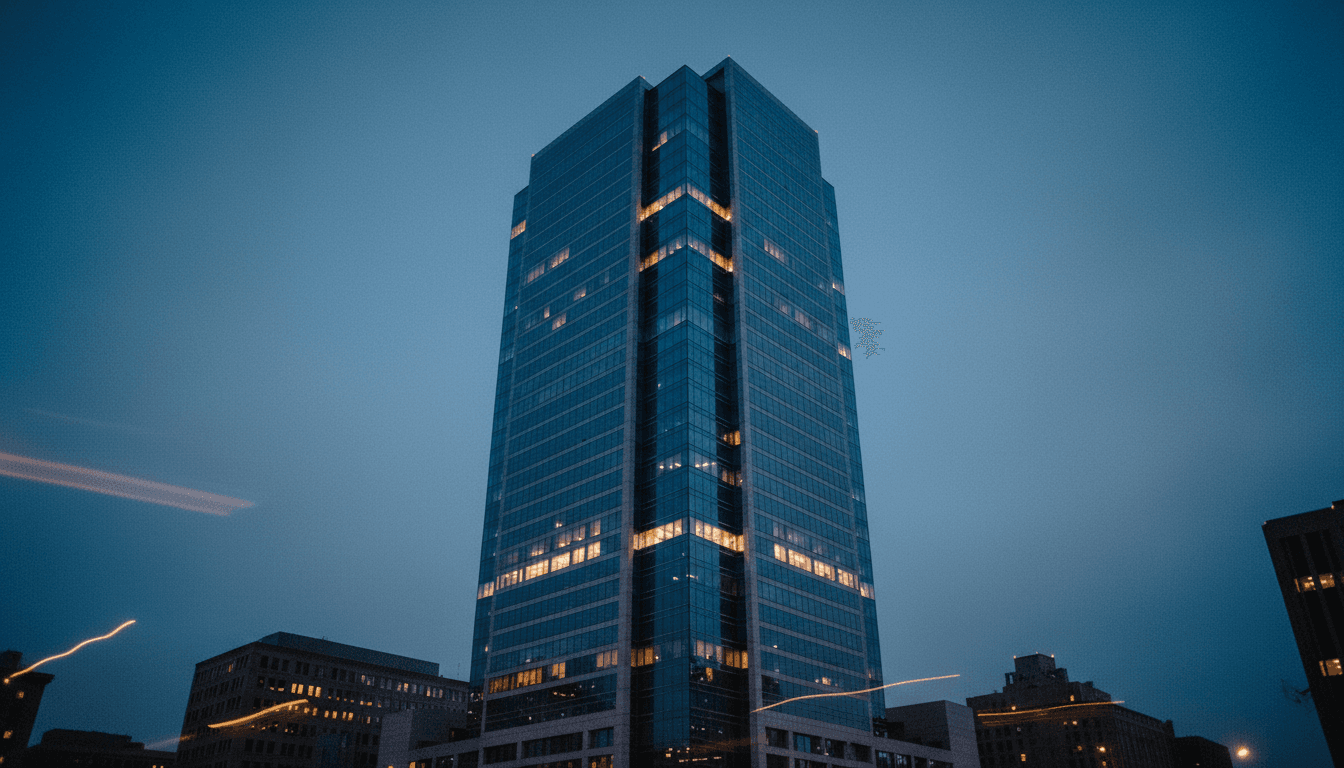 A modern, sleek financial building at dusk, reflecting the city lights, symbolizing the record profit exceeding R$1 billion achievement of Agi Inc.