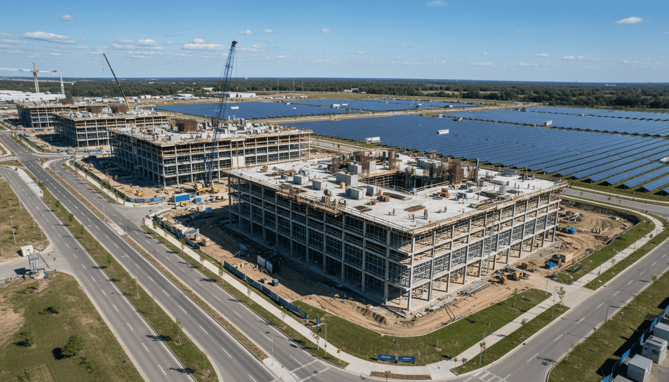 Aerial view of a rapidly expanding modern data center campus representing Dash0's growth after it bags $110 million to expand in US.