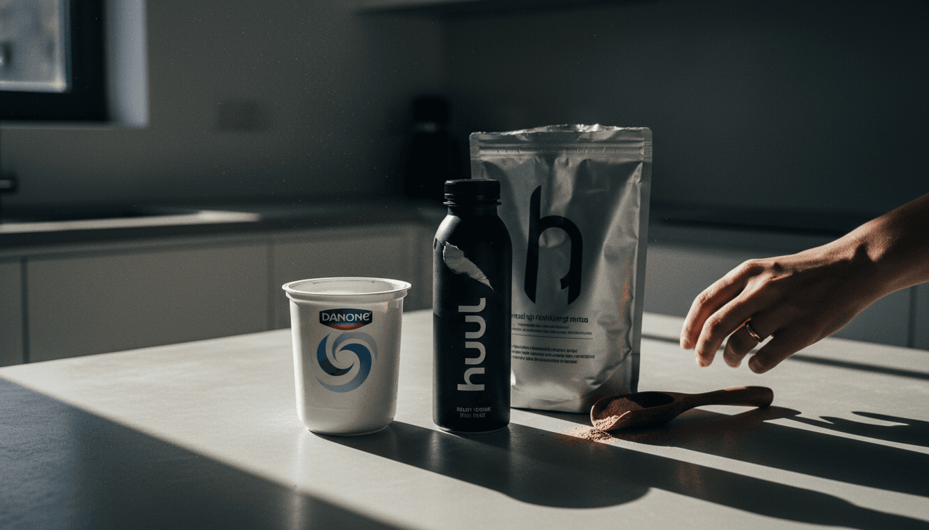 A still life composition featuring a Danone yogurt container next to a Huel protein drink bottle and a bag of Huel powder, set on a modern minimalist kitchen counter, symbolizing the Huel acquisition.