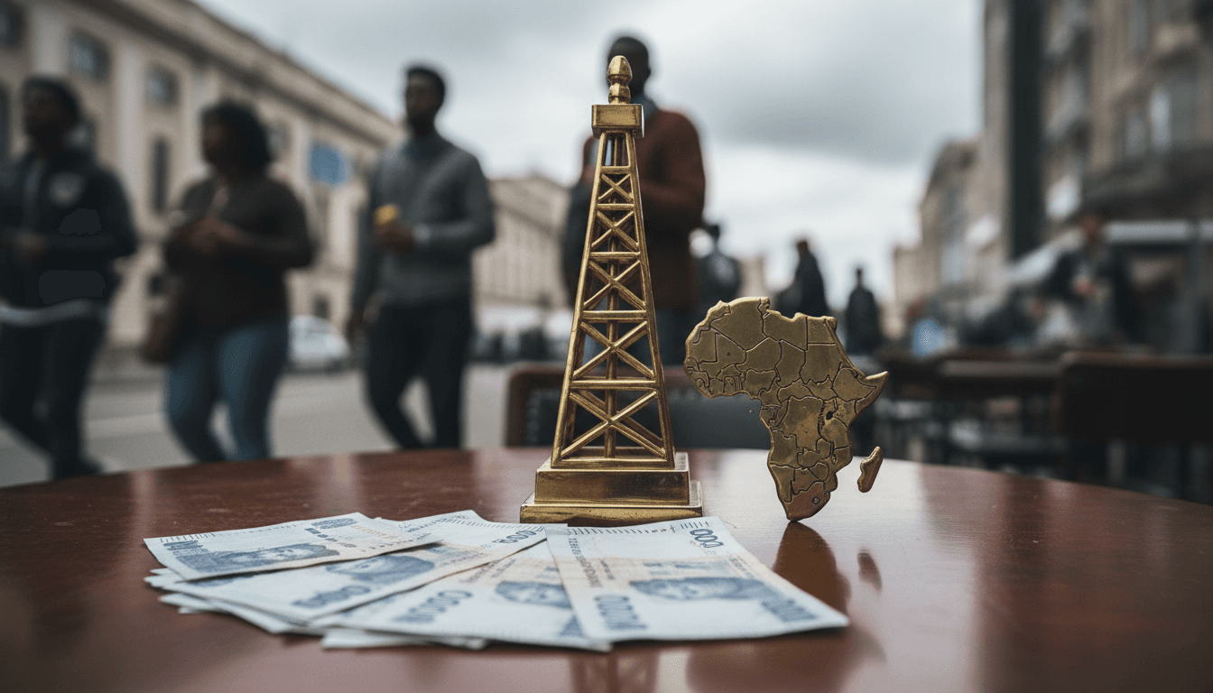 A meticulously arranged still life featuring a stack of crisp Nigerian Naira banknotes, a miniature gold-plated oil derrick, and a small, stylized map of Africa, symbolizing a stunning $4 billion wealth surge.
