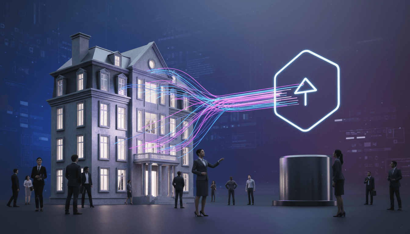A digital representation of a successful OnlyFans sale, with abstract glowing lines connecting a stylized mansion to a digital platform icon.