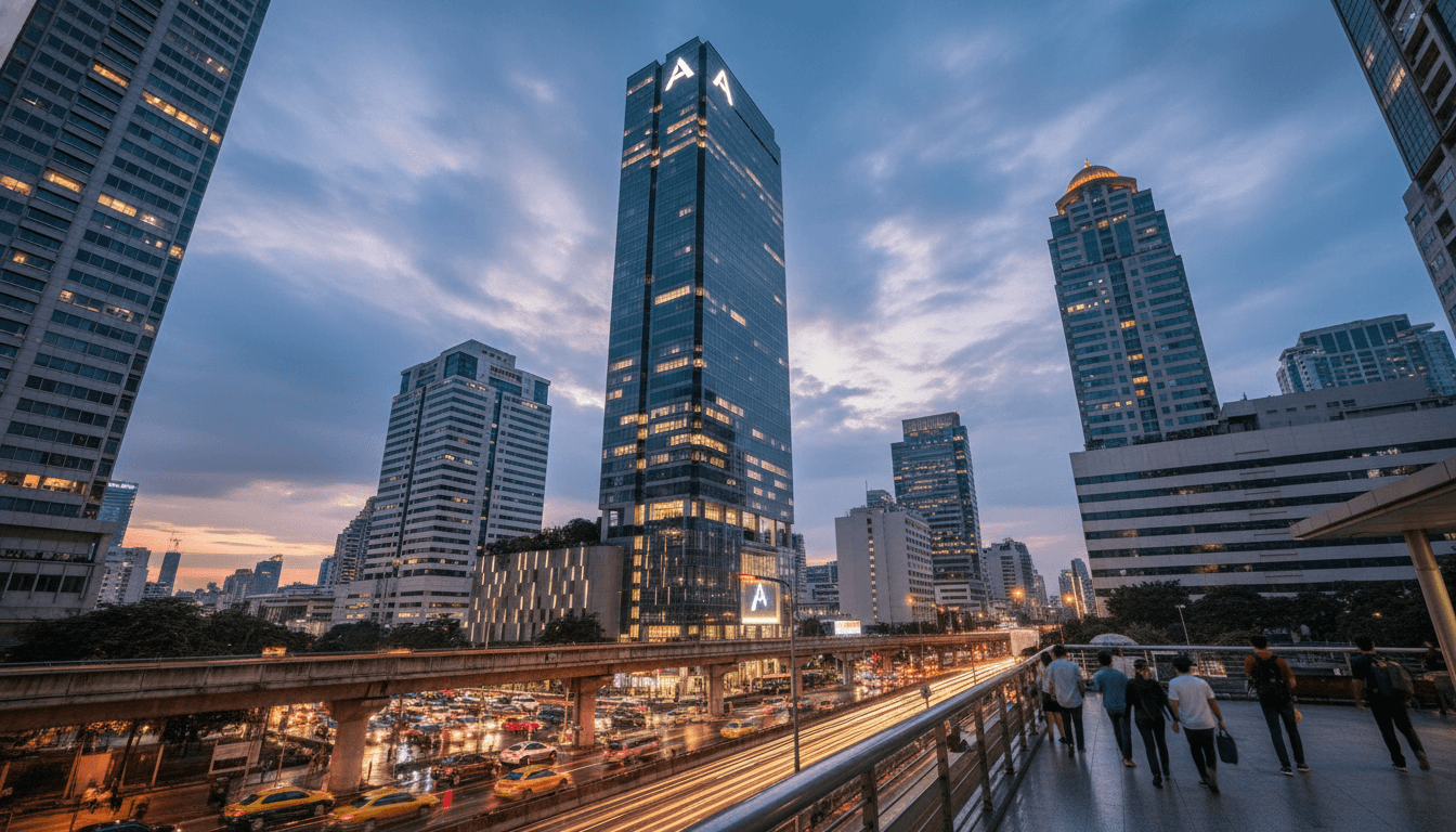 Modern office building in Bangkok, Thailand, with a prominent sign for 'Amity AI' at sunset, symbolizing the growth of a Thai AI startup.