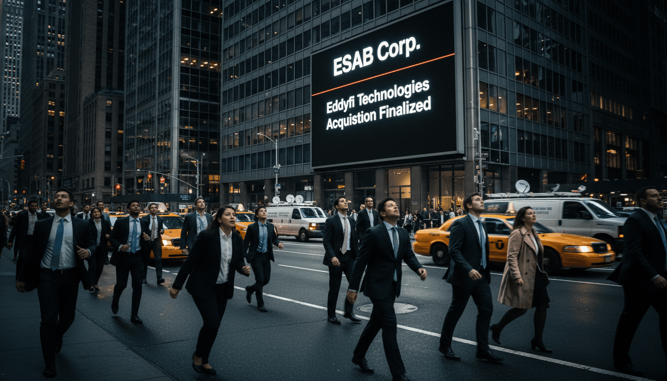 A street-level candid shot of the ESAB Corp acquisition deal being announced at a modern financial district with glass skyscrapers.