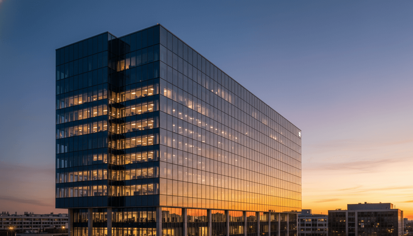 A modern, sleek office building at dusk, symbolizing the successful integration as Infosys acquires Optimum Healthcare IT, with warm interior lights glowing.