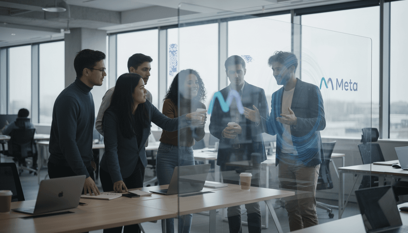 A vibrant tech startup office with several Manus Co-Founders in a huddle, excitedly discussing a projection of financial figures on a large screen, highlighting their deal success.