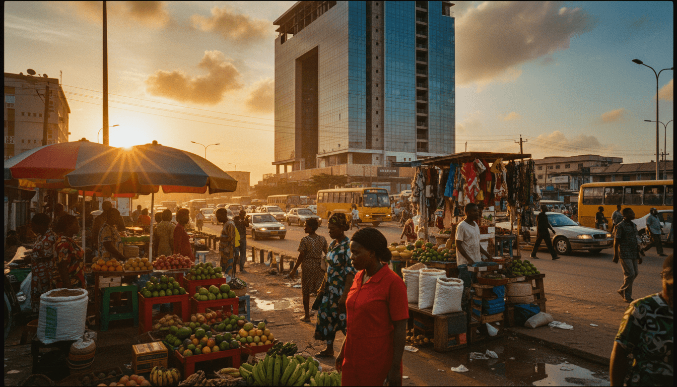 A bustling street market in a vibrant Nigerian city with a modern skyscraper in the background, symbolizing the ongoing net worth surge and economic development.