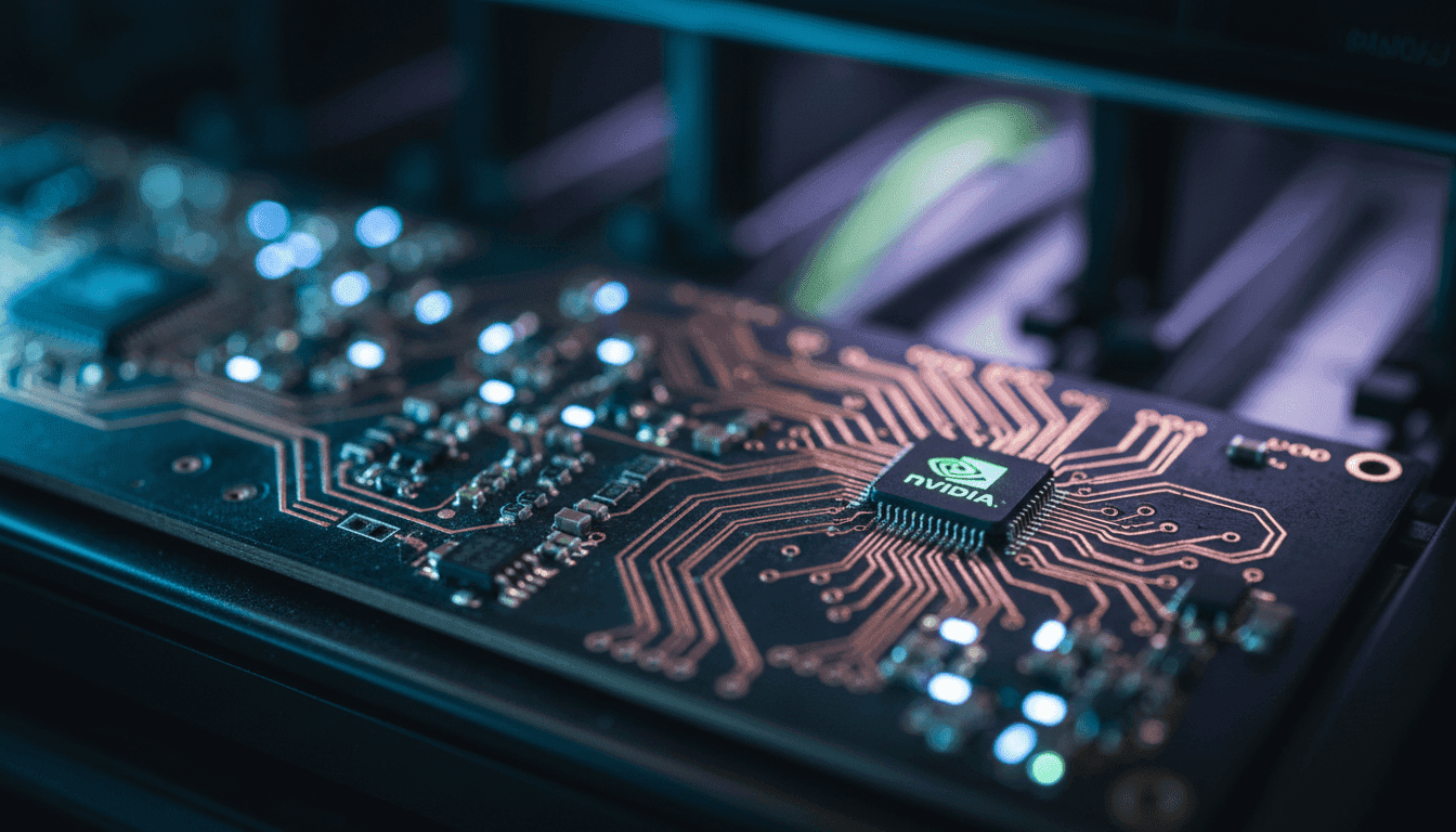 Close-up of a sleek, futuristic server rack glowing with blue LED lights, symbolizing the new Mistral AI funding data center powered by Nvidia chips.