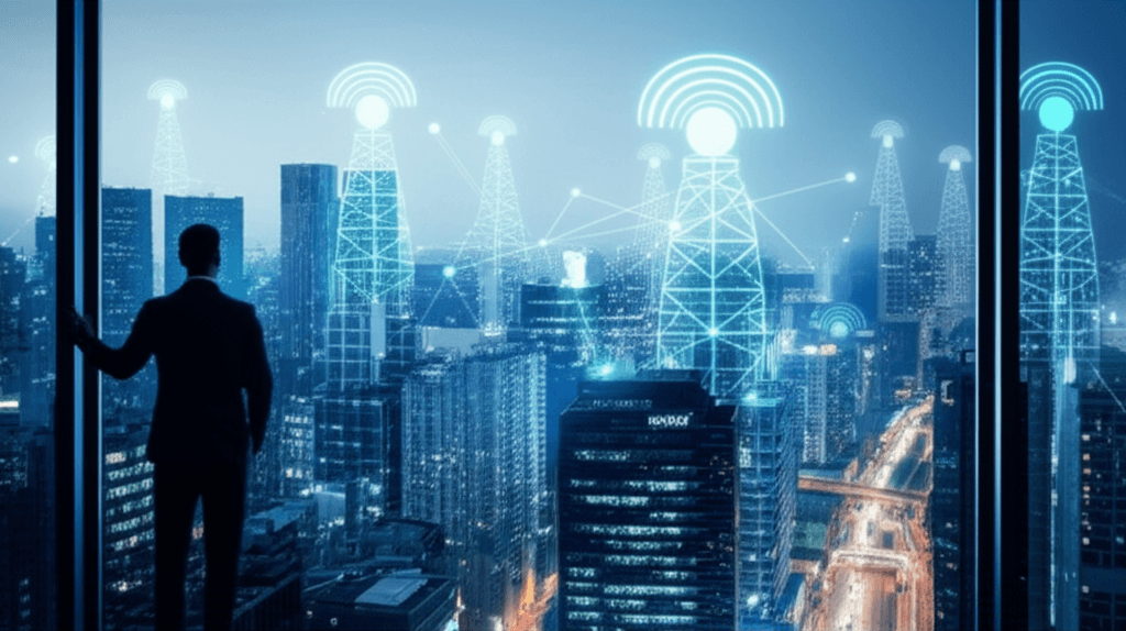 Futuristic city skyline with 6G network rollout technology icons overlaid.