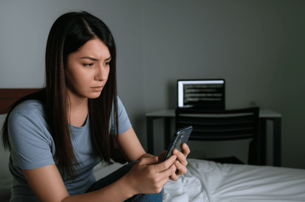Woman looking stressed at a phone, a victim of social media hacking.