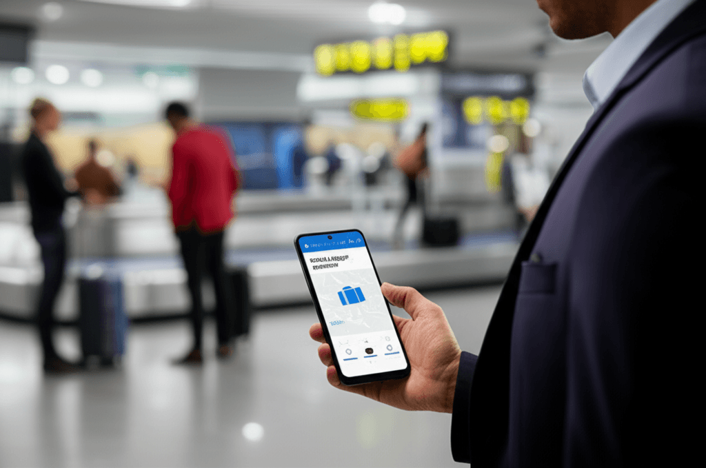 Android Find Hub app showing a map with luggage location, enabling track luggage sharing with airlines.