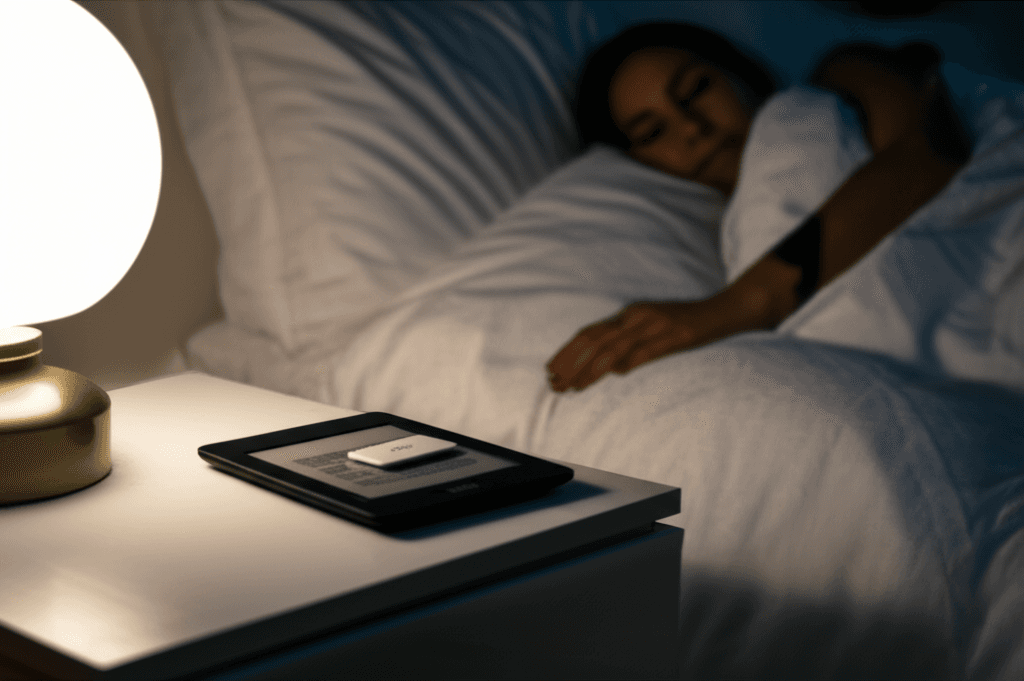 The Kobo remote sitting on a Kobo e-reader, displaying its compact design.