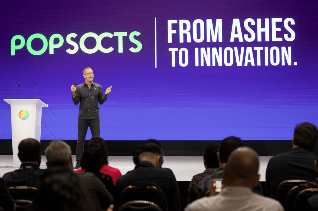 David Barnett, founder of PopSockets, speaking at a tech conference about PopSockets success.