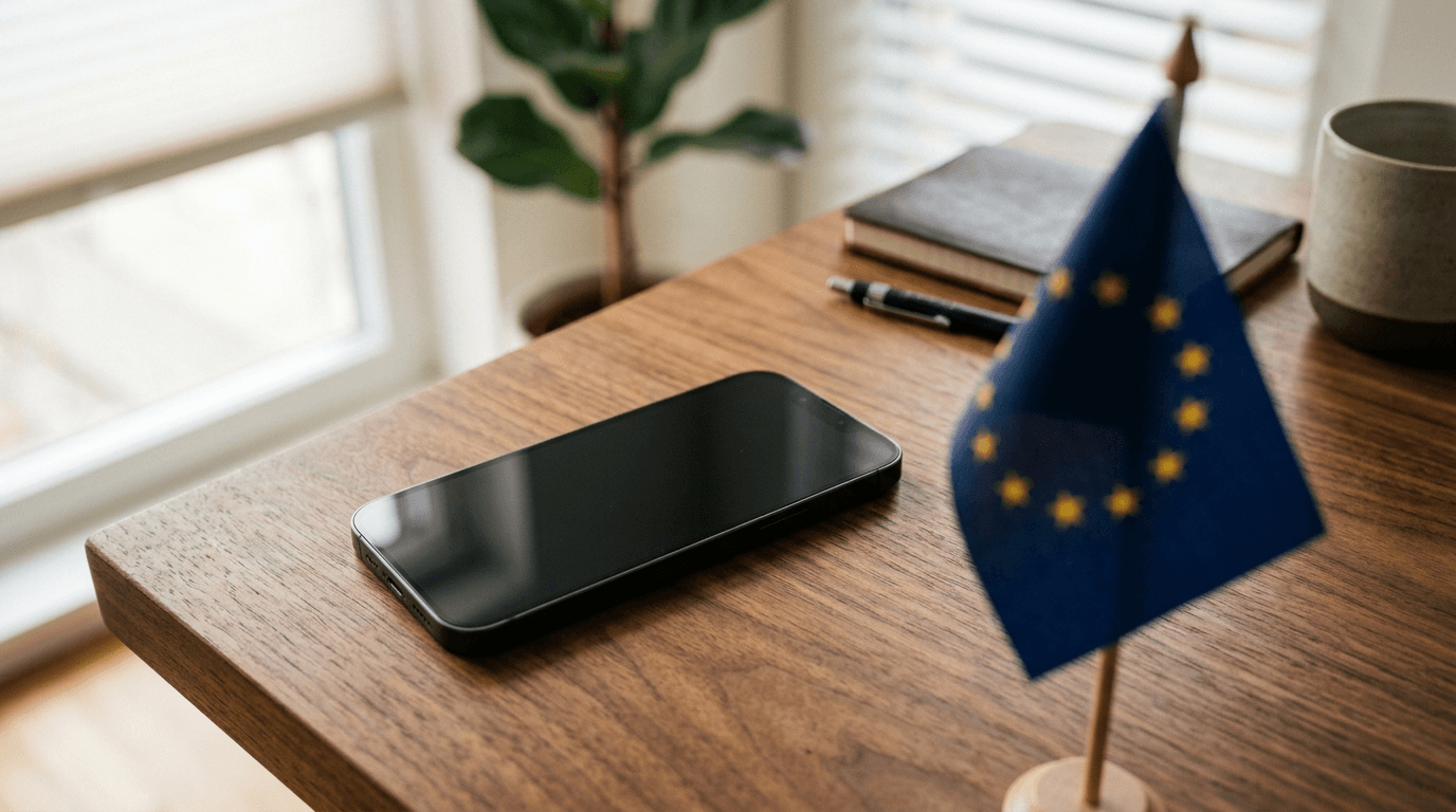 A smartphone screen displaying WhatsApp AI chatbots icons with a European Union flag in the background.