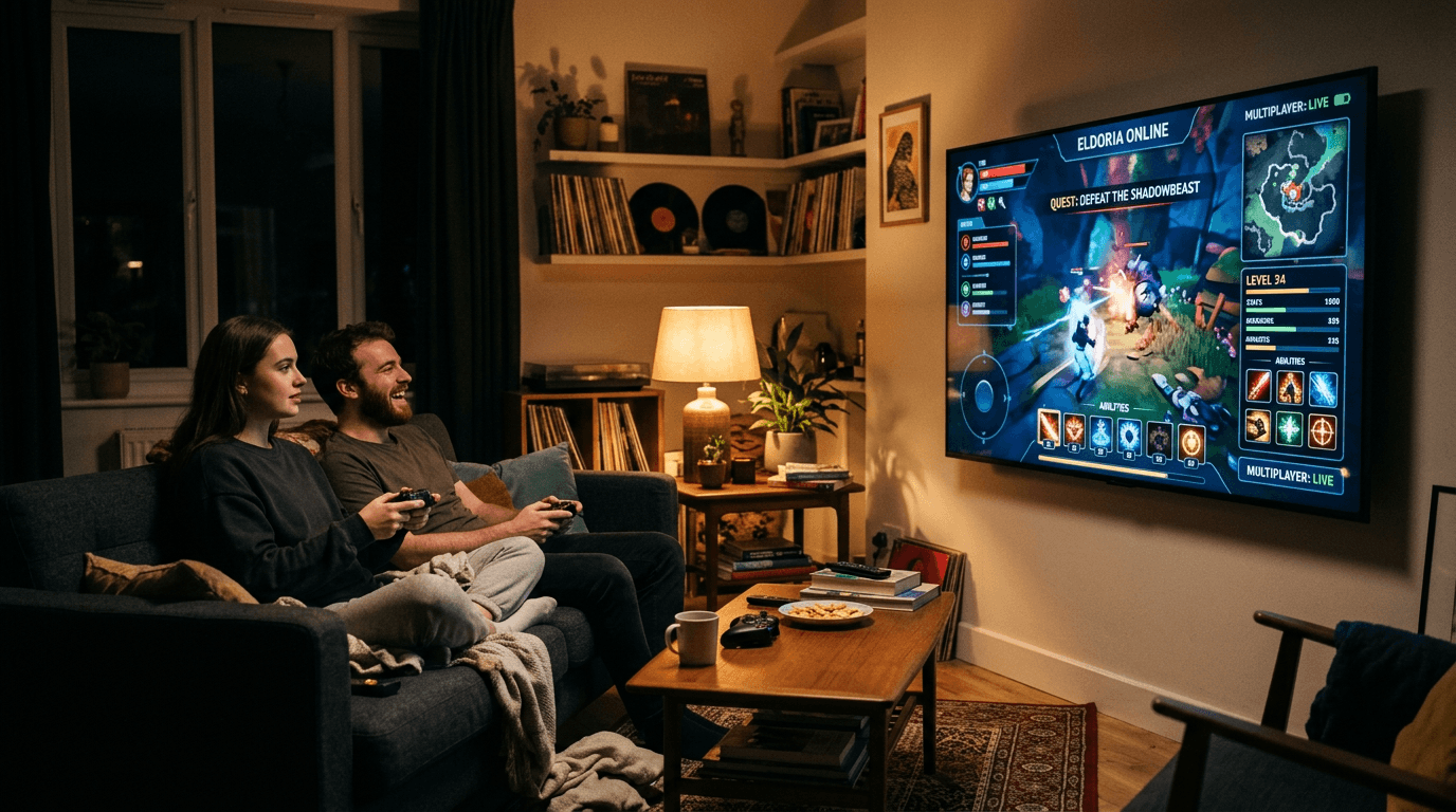 A person using a remote control to navigate the new Roku trivia game on a smart television.