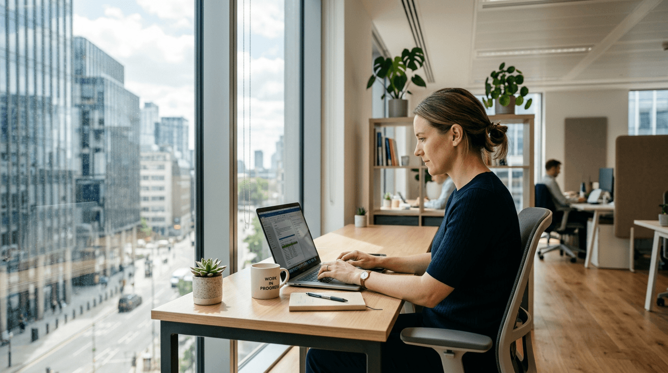 A professional using AI-powered risk management software on a modern laptop.