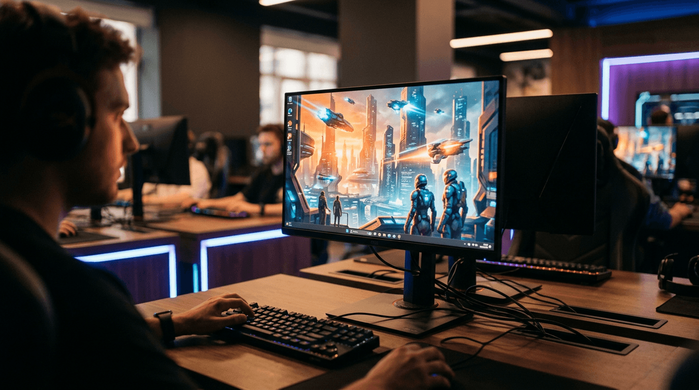 A professional gaming setup highlighting the Bungie Marathon launch visuals