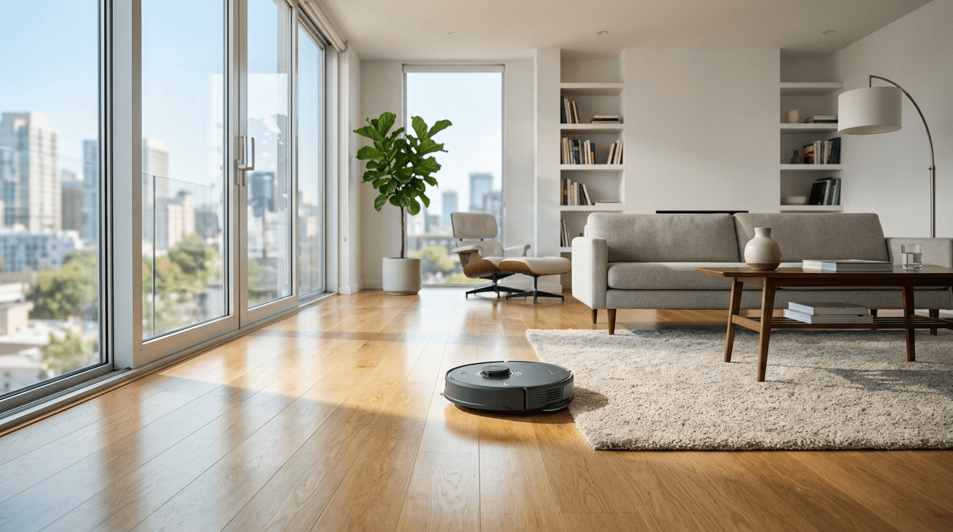 A modern smart home interior featuring a DJI robot vacuum hack demonstration.