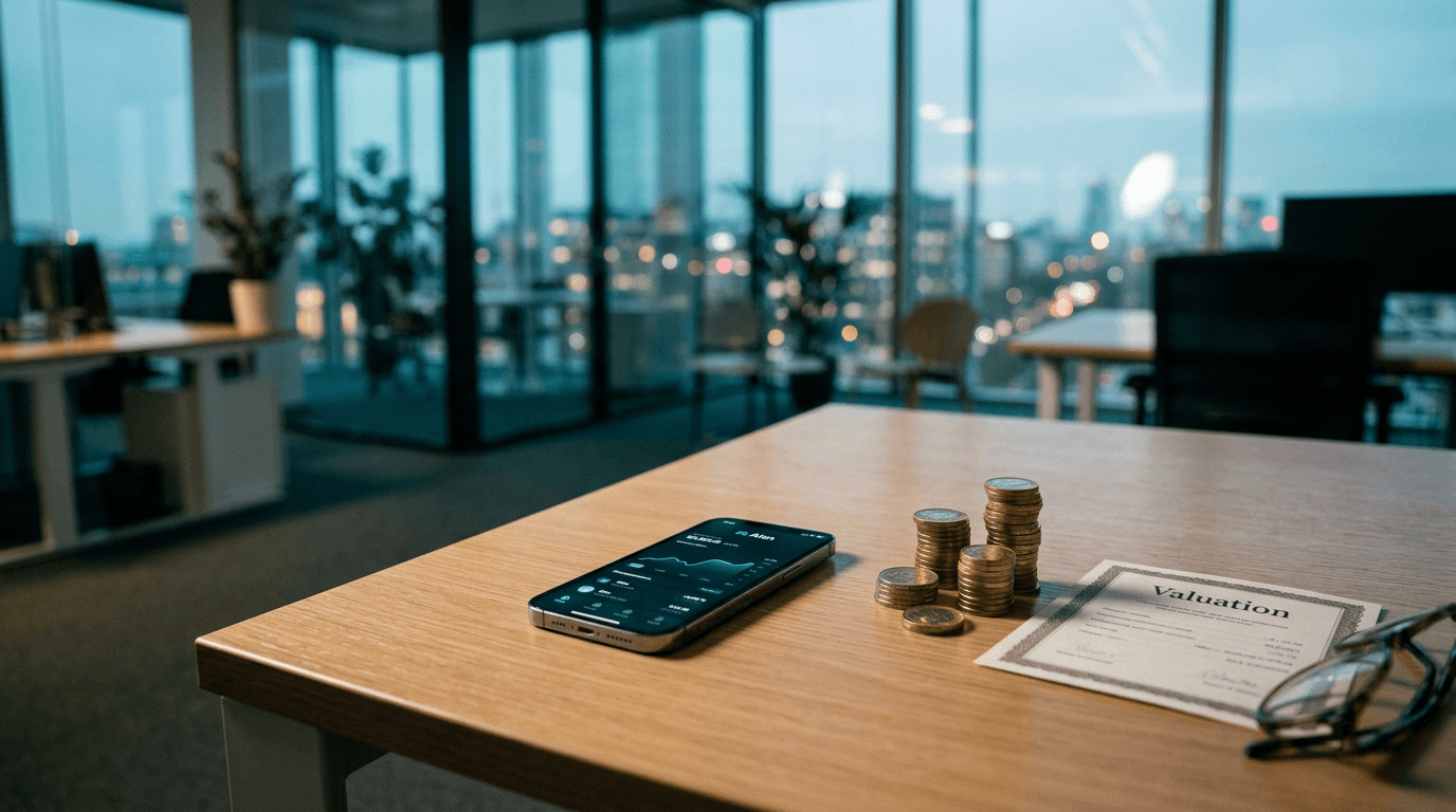 A stylized composition depicting the Alan health insurance valuation milestone, with a modern, sleek smartphone displaying the Alan app interface, surrounded by stacks of euro coins and a small, elegant certificate showing '€5 Billion Valuation'.
