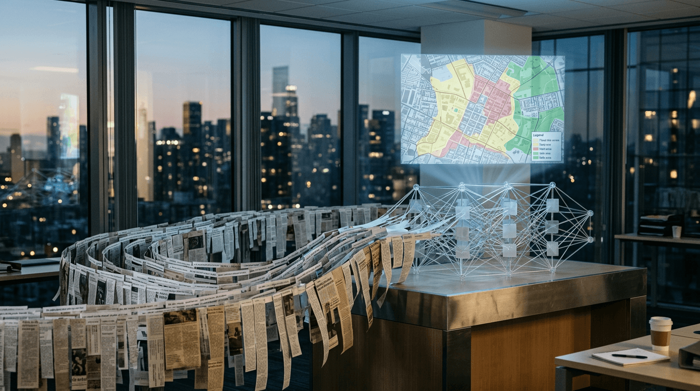 An abstract visualization of data streams converging from old newspaper clippings and digital screens, flowing into a central AI brain, with an overlay of a city skyline being protected from a rising floodwater graphic, symbolizing how Google's AI predicts flash floods.