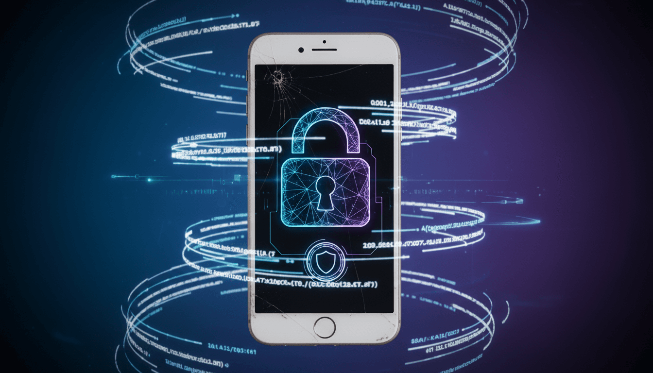 A digital padlock glowing over a stylized old iPhone screen, symbolizing how Apple patches older iPhones against cyber threats.