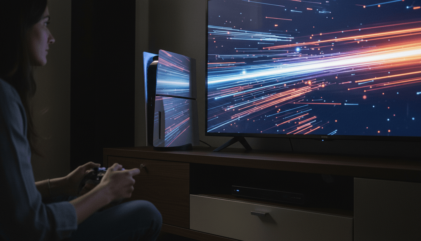 A close-up of a PlayStation 5 Pro console with a game displaying enhanced graphics thanks to PS5 Pro AI upscaling.
