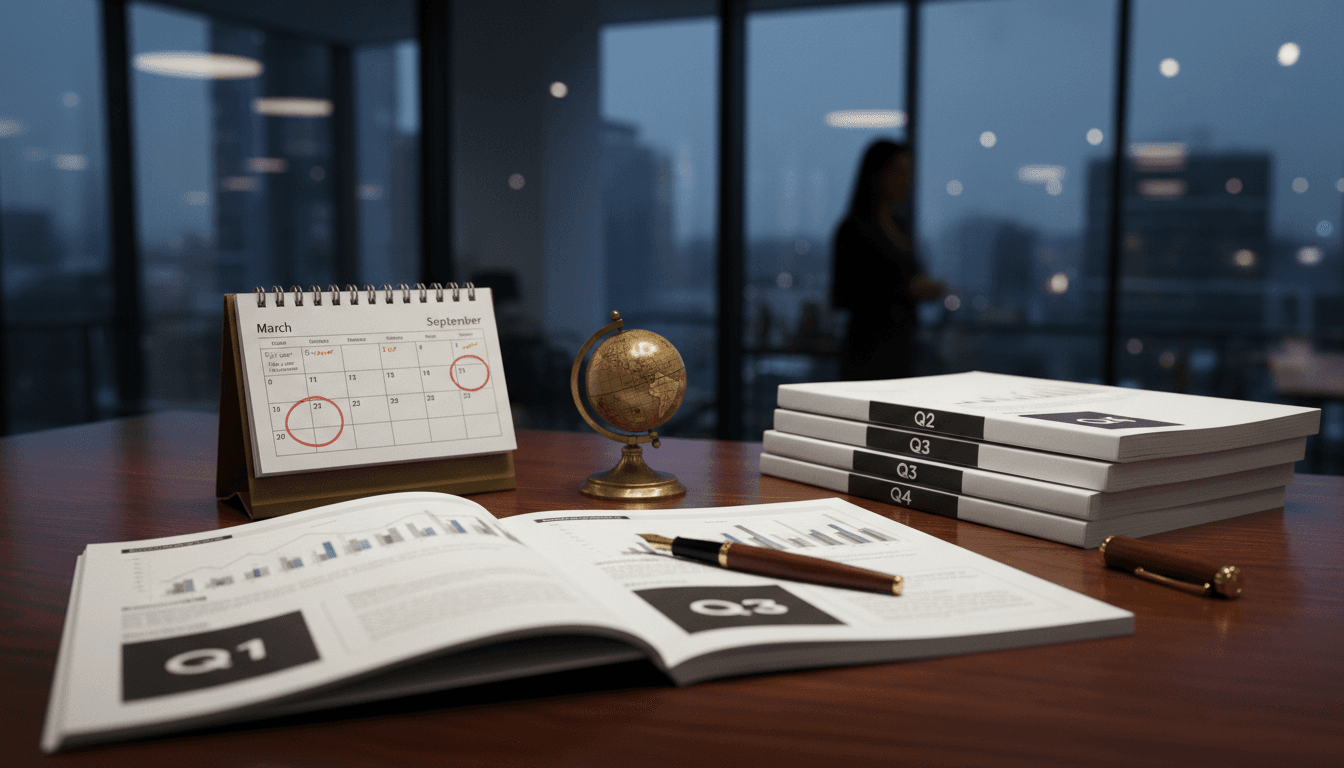 A stack of financial reports and a calendar showing two circled dates, symbolizing the potential shift to semi-annual earnings reports.