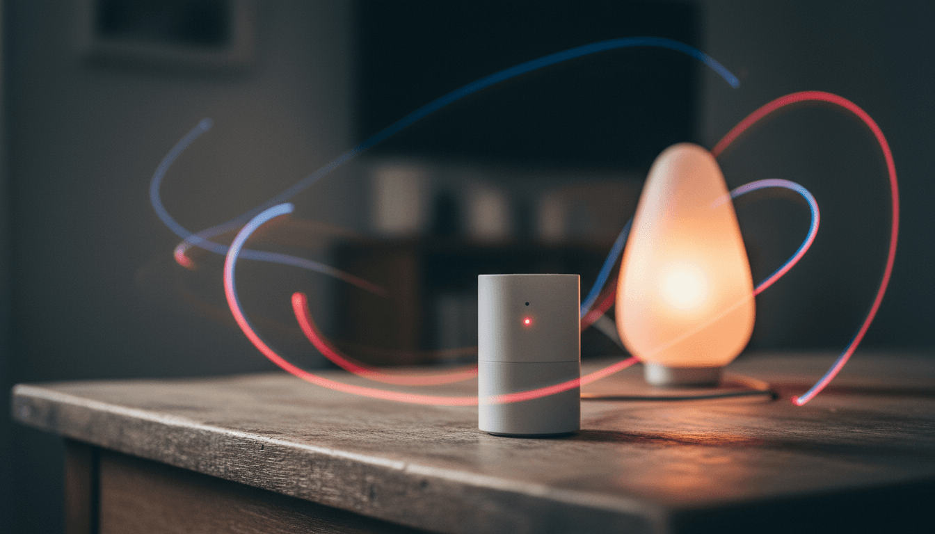 Close-up of an Ikea smart home sensor with the Ikea smart home challenges logo faintly visible in the background, symbolizing the difficulties.