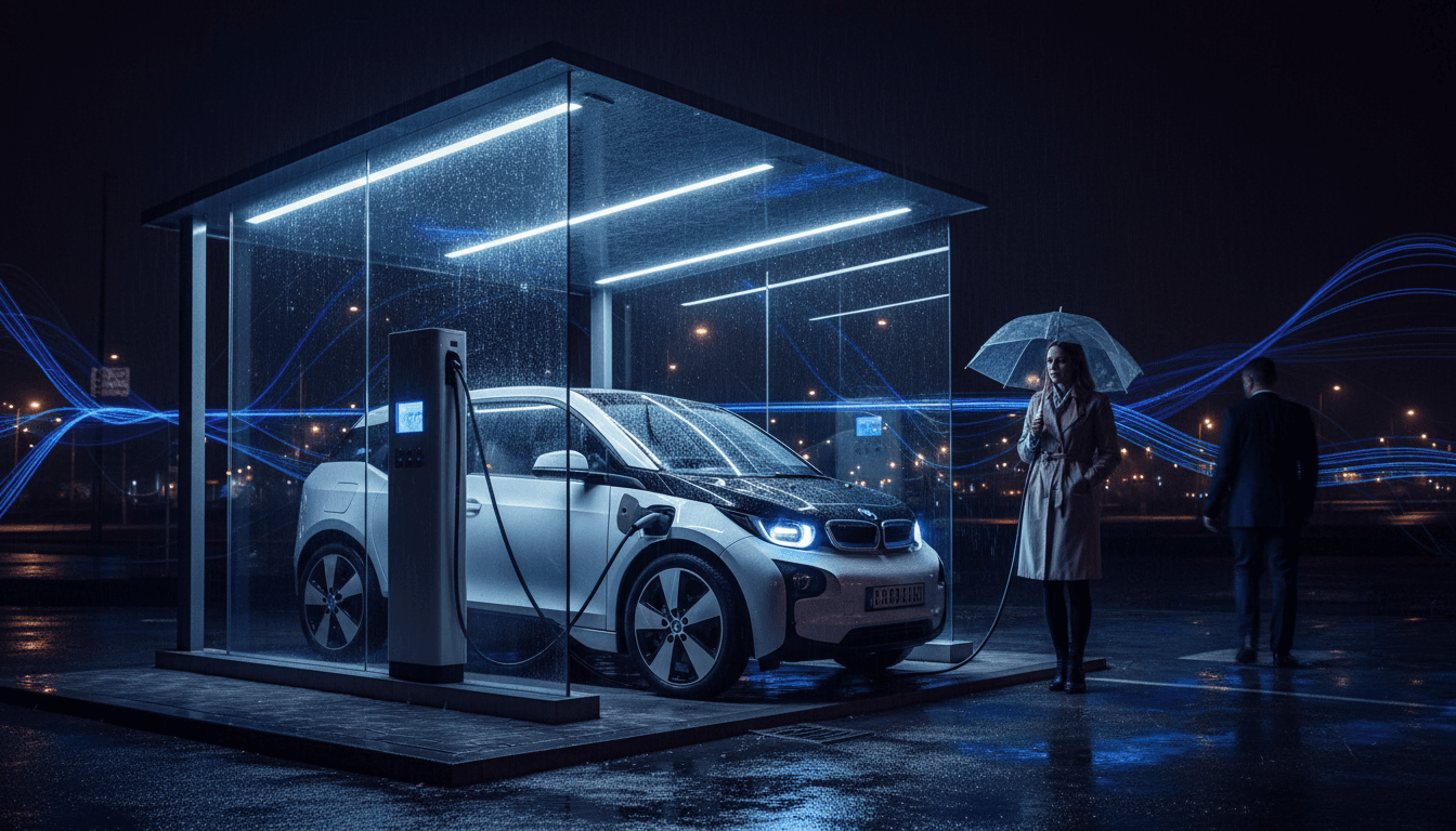 A sleek, modern BMW i3 EV returns, parked on a futuristic city street at dusk, showcasing its innovative design and electric capabilities.