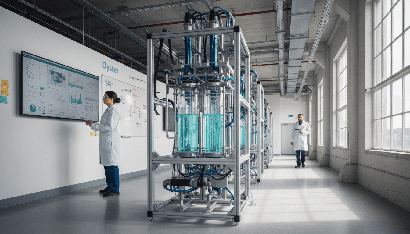 A close-up of Nth Cycle's 'Oyster' electro-extraction system actively processing critical minerals refining, showing intricate tubes and digital readouts.