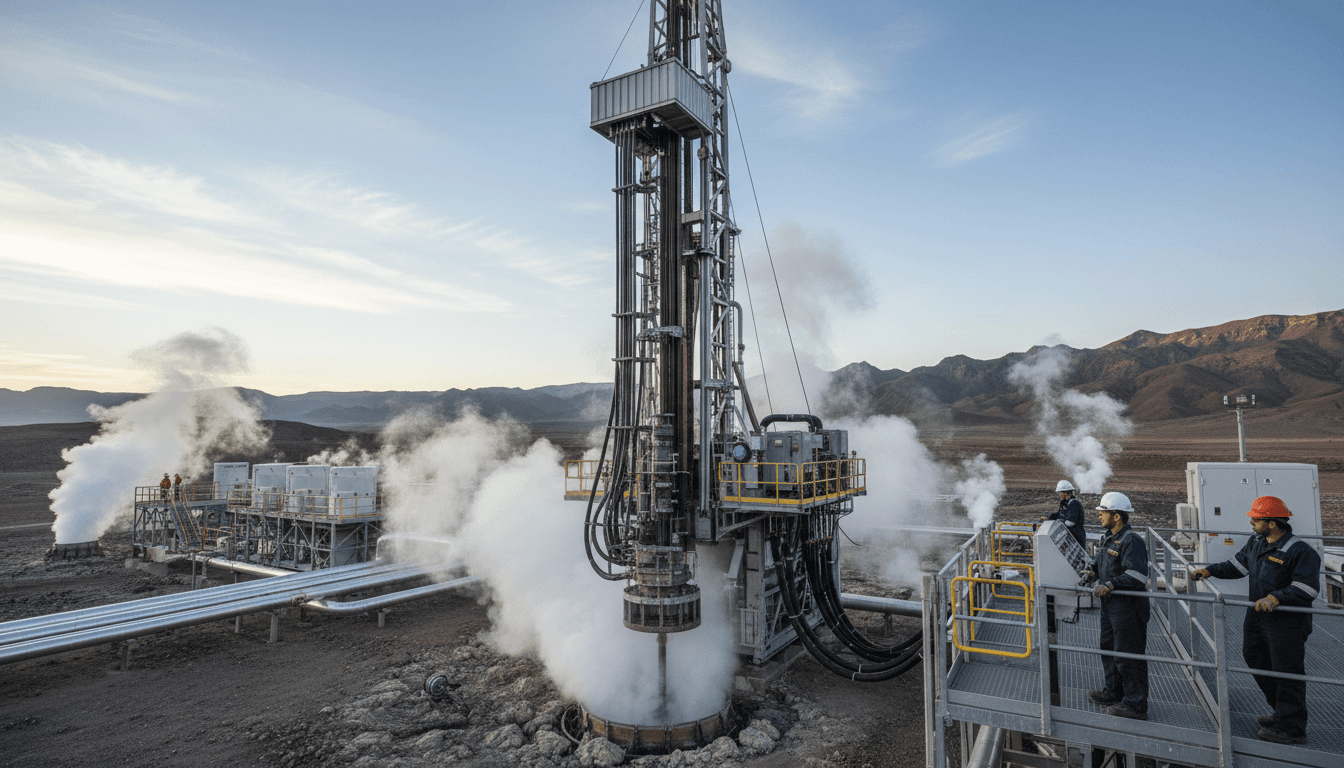 A drilling rig operating at night, illuminated by bright lights, symbolizing successful geothermal funding and energy extraction.