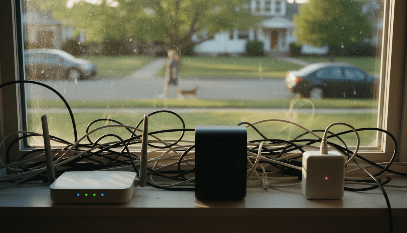 A close-up, street-level candid shot of various IoT devices, like a smart camera and a router, connected with cables, hinting at the complexity of an IoT botnet takedown.