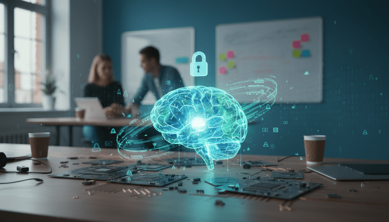A digital representation of a human brain with interconnected nodes, surrounded by abstract glowing lines representing data streams and a padlock icon, symbolizing behavioral analytics in AI cyber attacks.