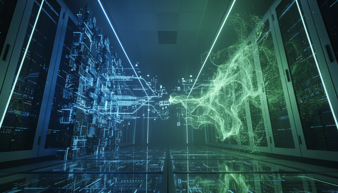 Conceptual image representing the Pentagon Anthropic rift, showing two abstract, clashing digital entities.