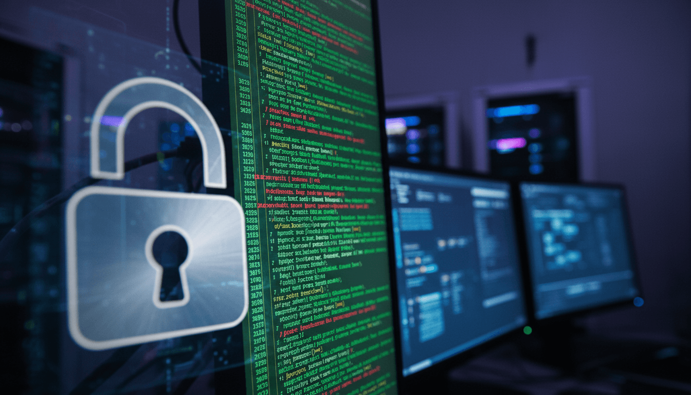 A close-up of a digital padlock icon superimposed over lines of code on a screen, symbolizing a Trivy scanner breach and compromised software.