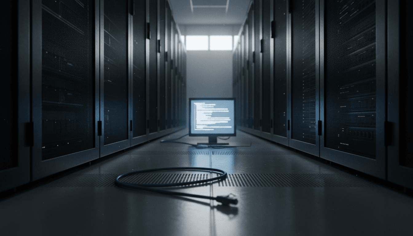 A dimly lit server room with a single glowing monitor displaying lines of code, symbolizing the proprietary source code at the heart of the Halide co-founder sued case.