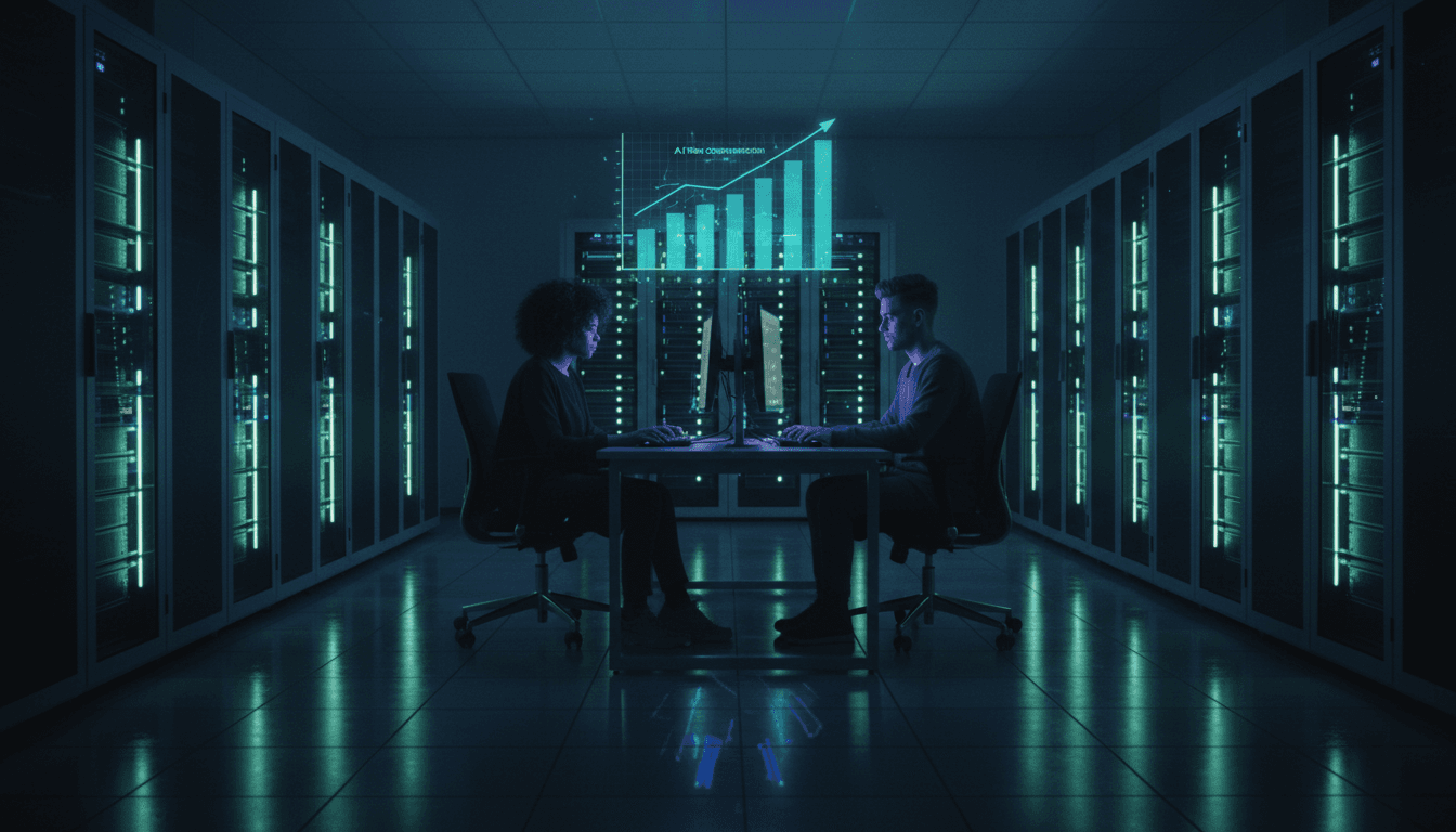 A futuristic digital display showing a bar graph representing AI token compensation trends, with a faint glow of code in the background.