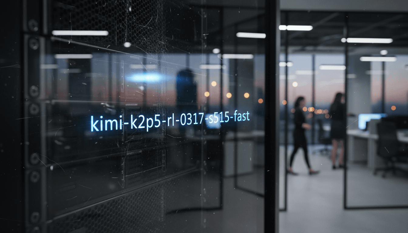 A close-up of a glowing 'Kimi K2.5' model ID string on a dark screen, symbolizing the Cursor AI model controversy.