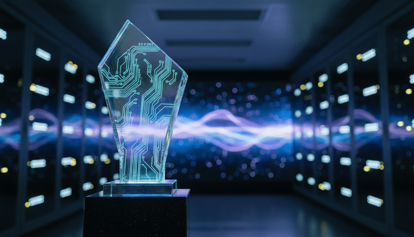 Close-up of a holographic trophy being awarded to a shimmering, abstract AI influencer avatar, symbolizing the AI influencer awards season.