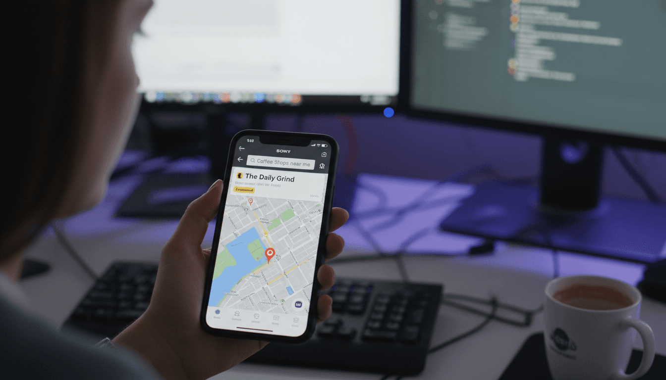 A close-up view of a smartphone screen displaying Apple Maps with a prominent, sponsored business listing at the top of the search results, highlighting the new Apple Maps ads feature.