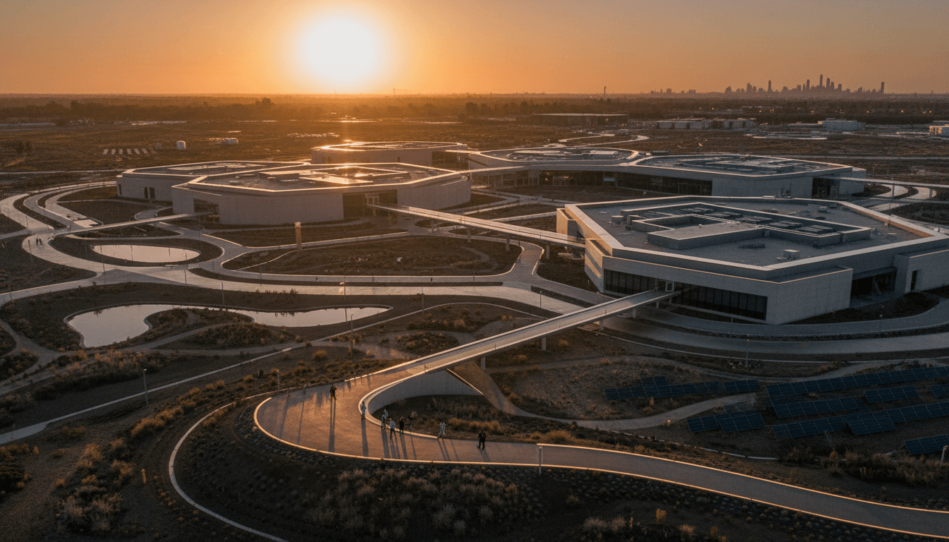 Aerial view of a sprawling tech campus at dusk, with sleek modern buildings and green spaces, symbolizing Emil Michael's unforgiving stance against past corporate conflicts.