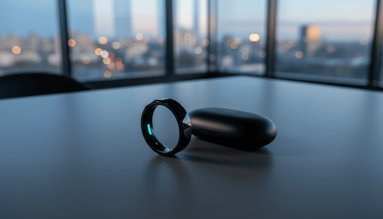 A sleek, metallic Ultrahuman Ring Pro resting on a minimalist charging case, showcasing its advanced design and long battery life.