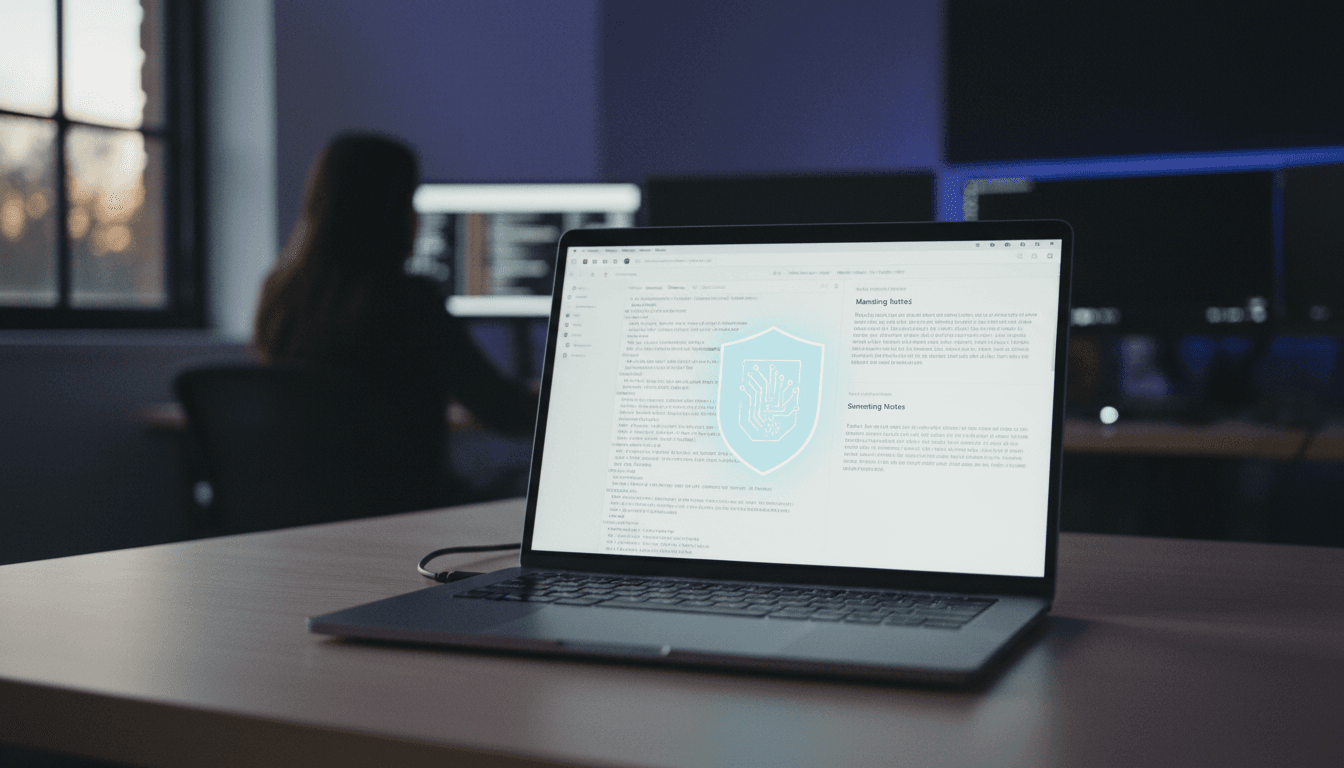 A close-up of a Mac laptop screen displaying real-time transcription and a summarized meeting note generated by Talat AI meeting notes, with a subtle privacy shield icon overlaid.