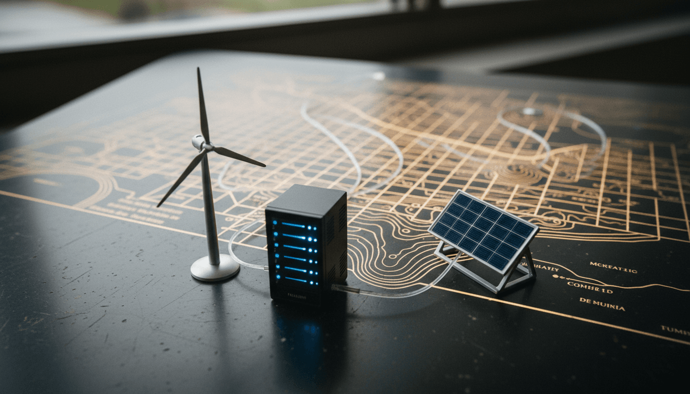 A detailed still life composition illustrating data center energy demands, featuring a miniature server rack, a small wind turbine model, and a miniature solar panel, all connected by glowing fiber optic cables on a stylized energy grid map.