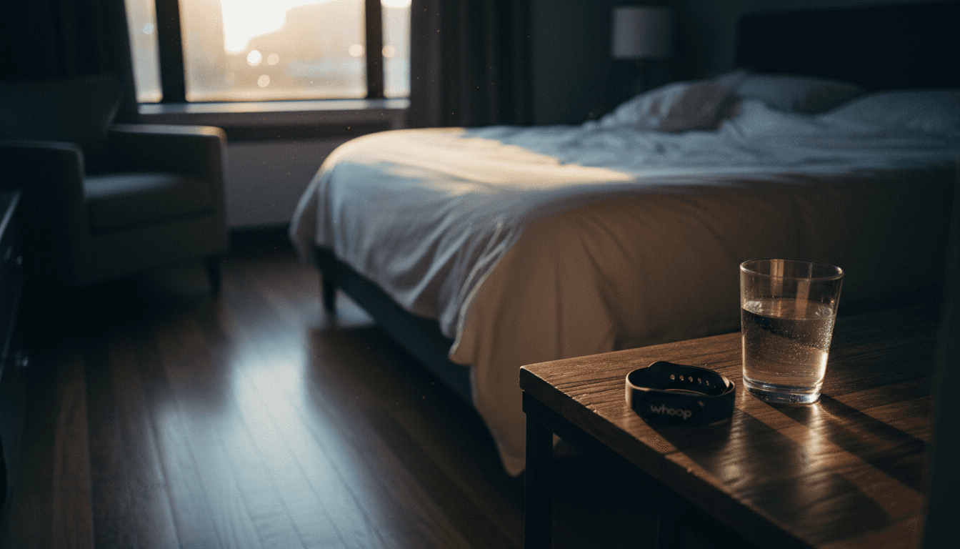 A Whoop health wearable device resting on a bedside table, subtly glowing, indicating its continuous health monitoring capabilities.