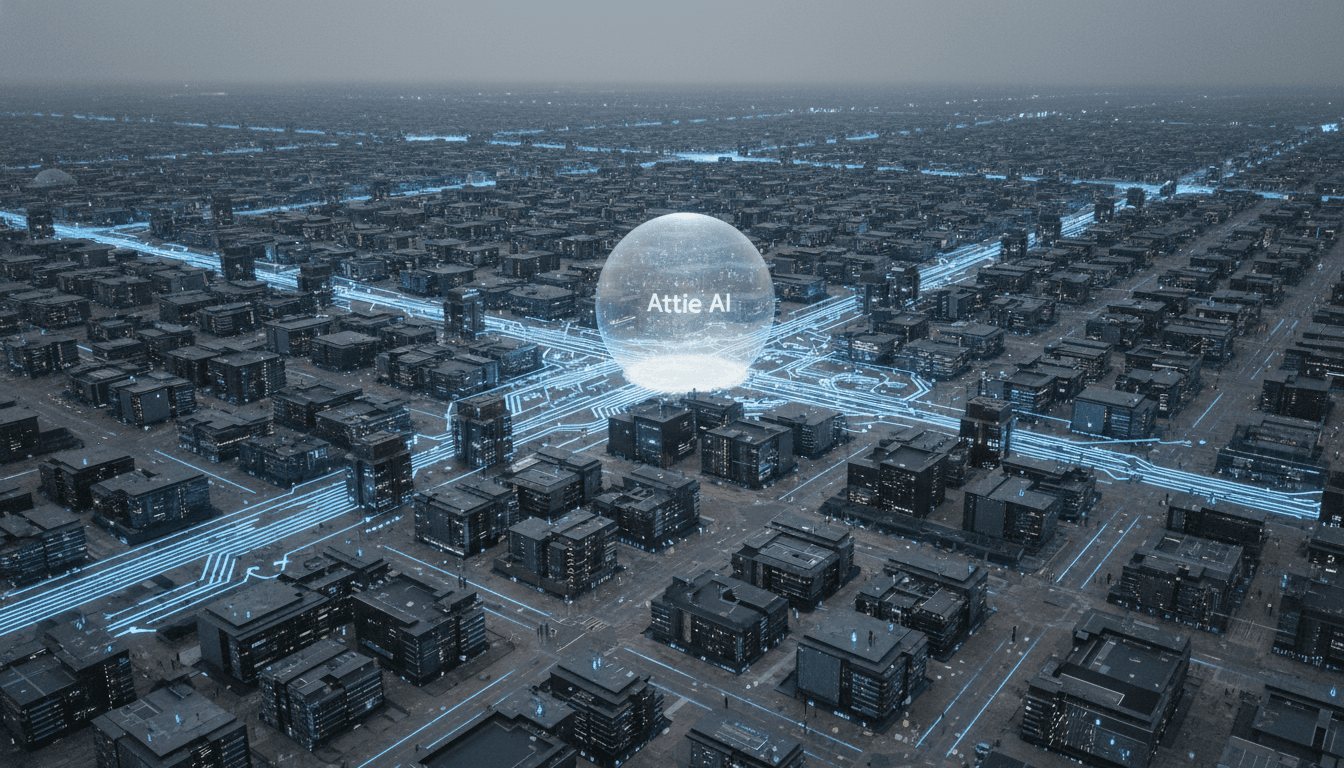 An aerial perspective of a stylized digital city grid, with glowing lines representing data flows converging into a central, holographic sphere labeled 'Bluesky AI App Attie'.