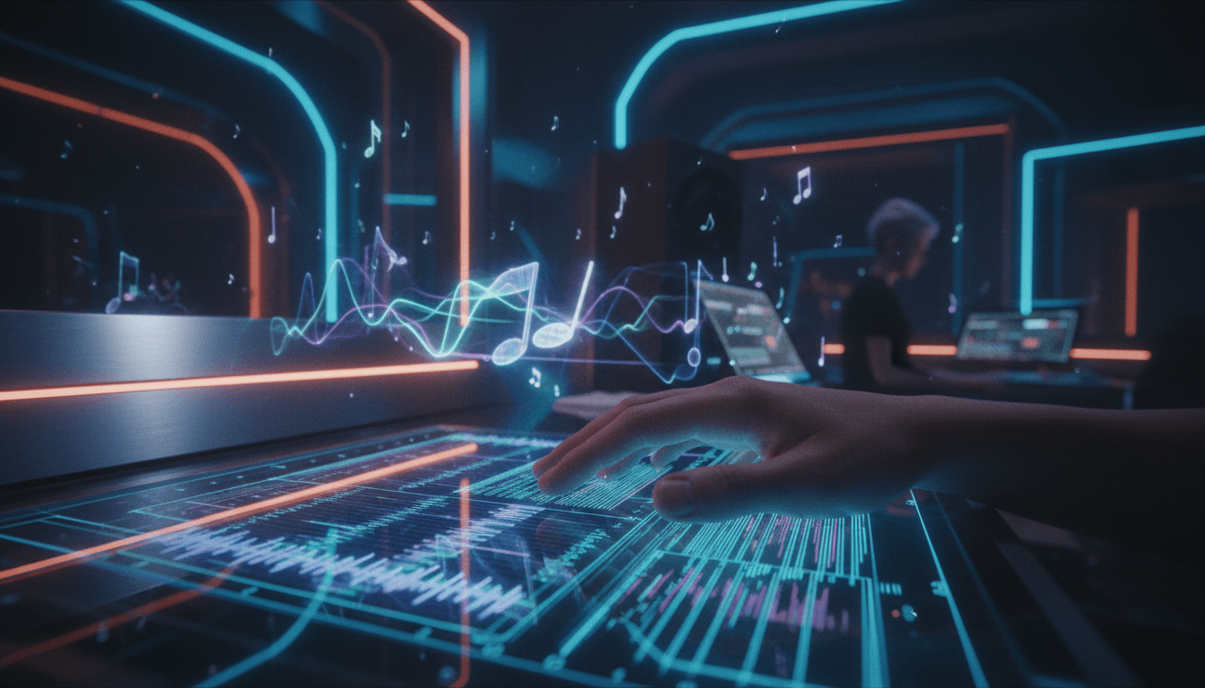A futuristic sound studio where holographic musical notes float around a musician interacting with an AI interface, symbolizing AI music's uncharted territory.