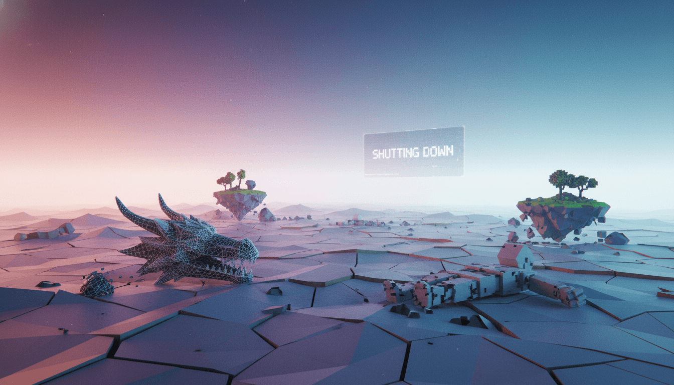 A faded logo of Rec Room shutting down, overlaying a dimly lit virtual reality landscape with scattered, broken digital assets.