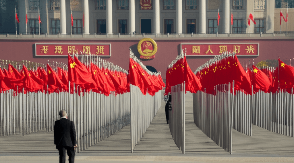 Chinese flags waving outside the Great Hall of the People in Beijing, where the Two Sessions are held.